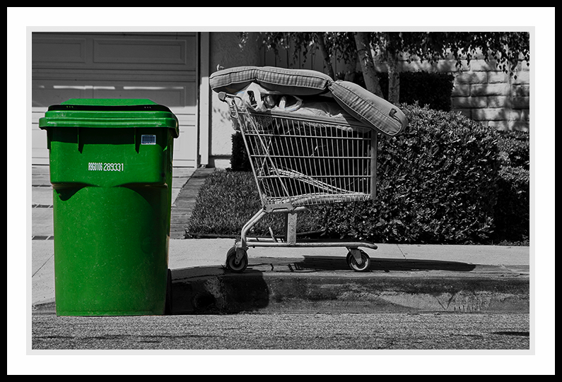 A shopping cart waiting for trash pick-up.